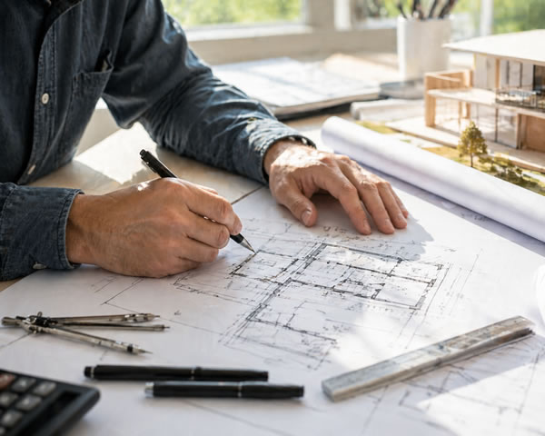 expert-construction-services-Plymouth Architect Sketching Blueprints
